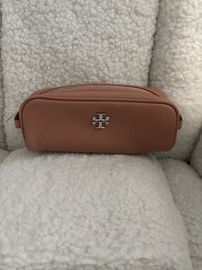 Tory Burch Coral Pink Leather Logo Cosmetic Case